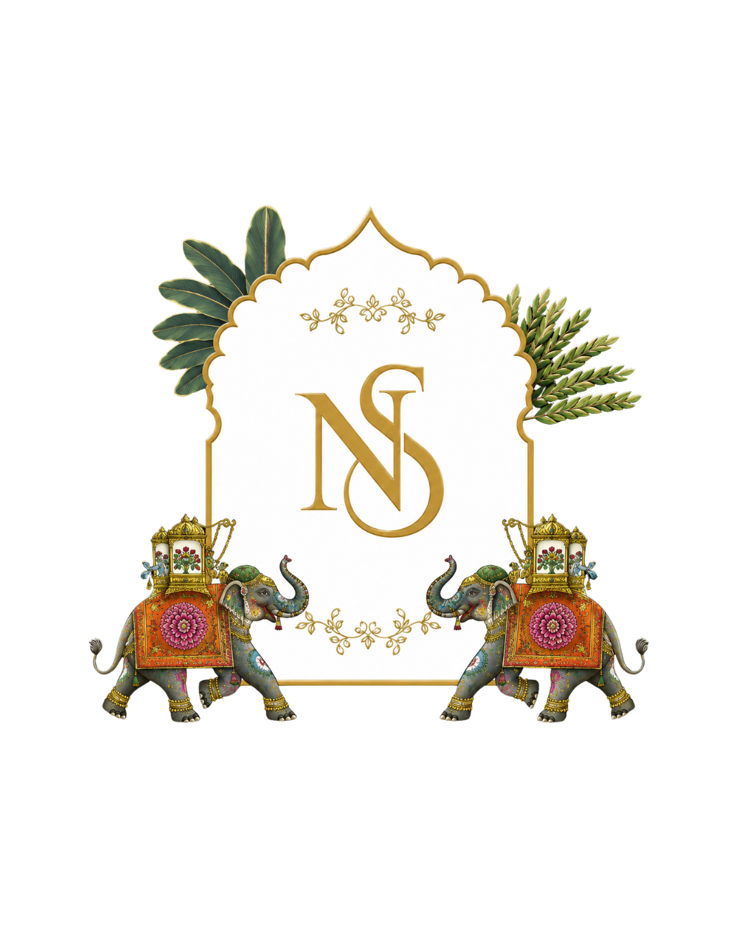 N and S royal monogram with elephants